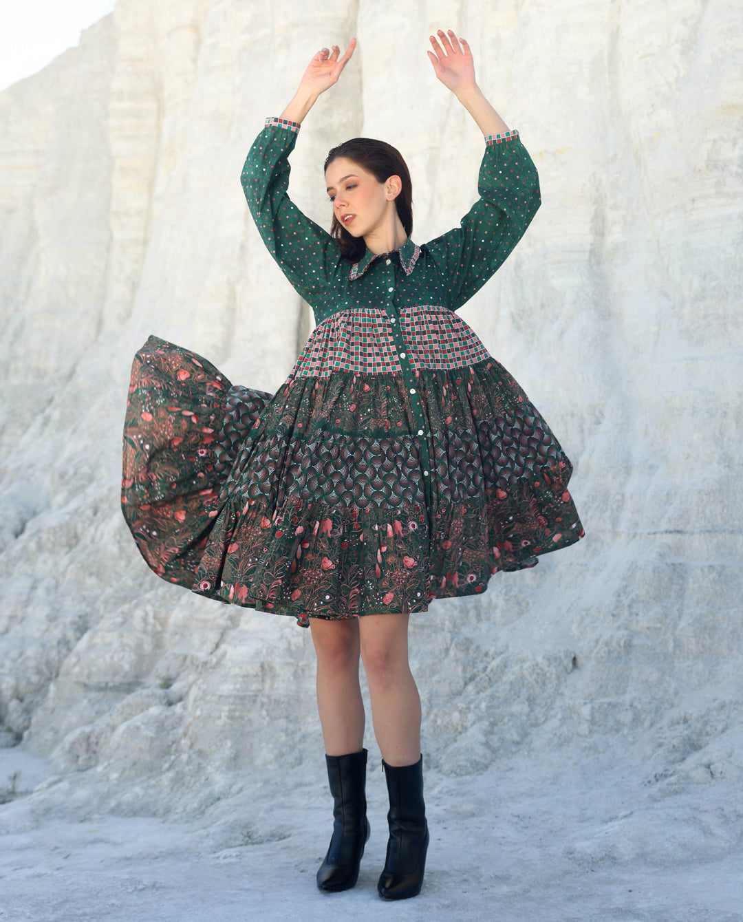 Green pineapple long sleeve tier Mini dress Buta Buti Green pineapple long sleeve tier Mini dress Buta Buti
