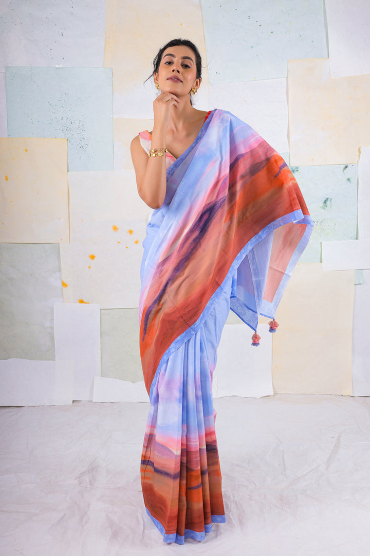 Blue wood scape saree