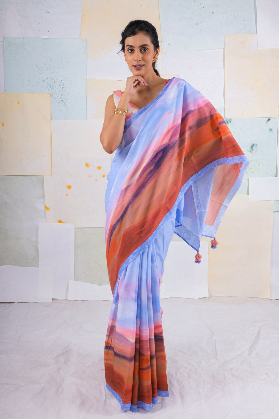 Blue wood scape saree