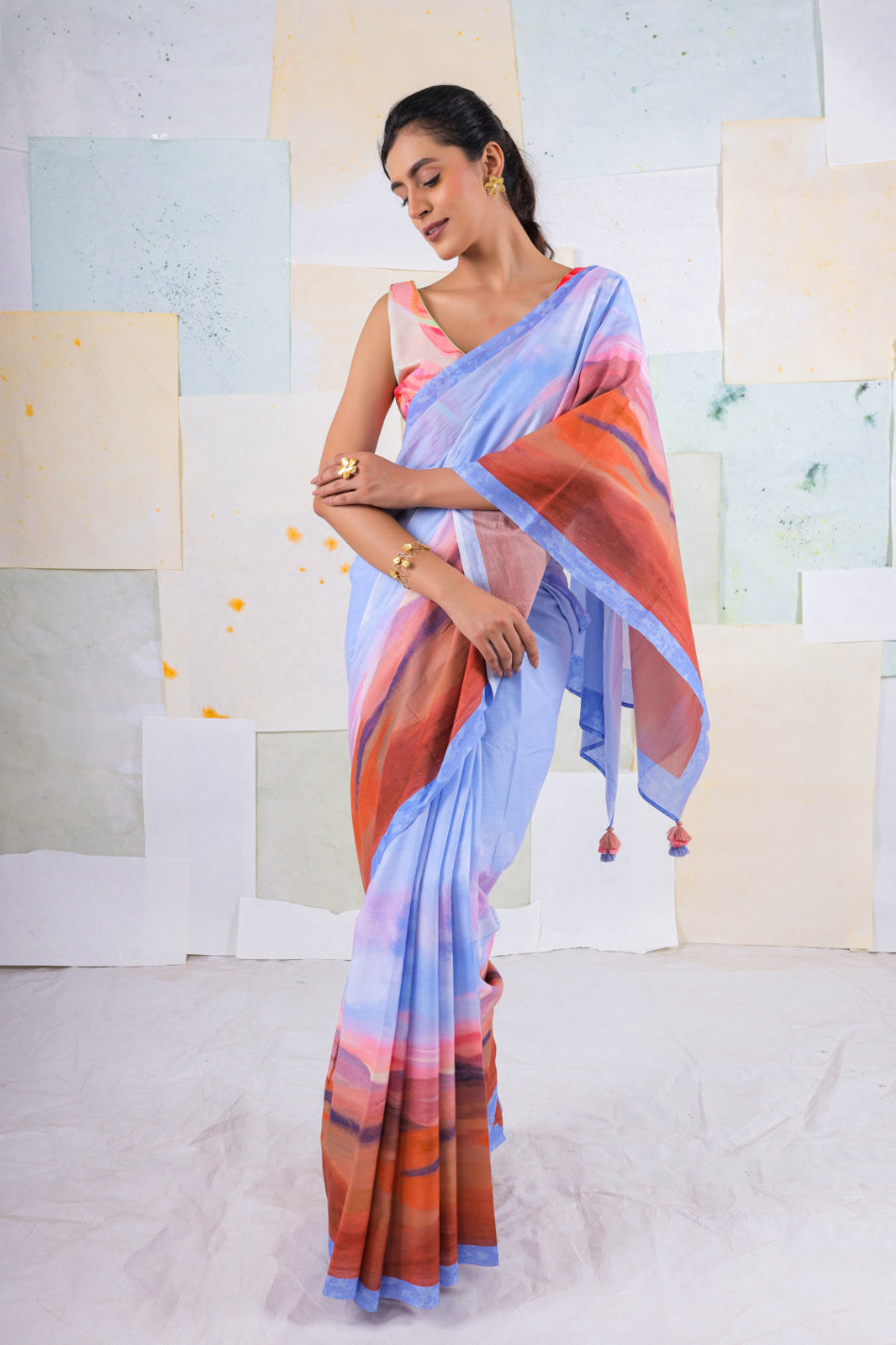 Blue wood scape saree