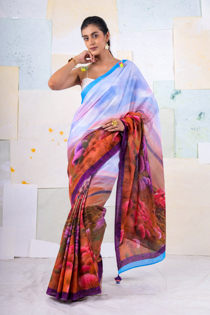 BlueWild wood scape saree