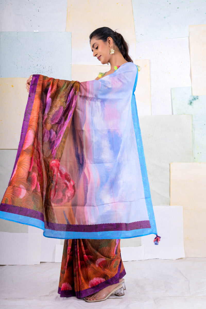 BlueWild wood scape saree