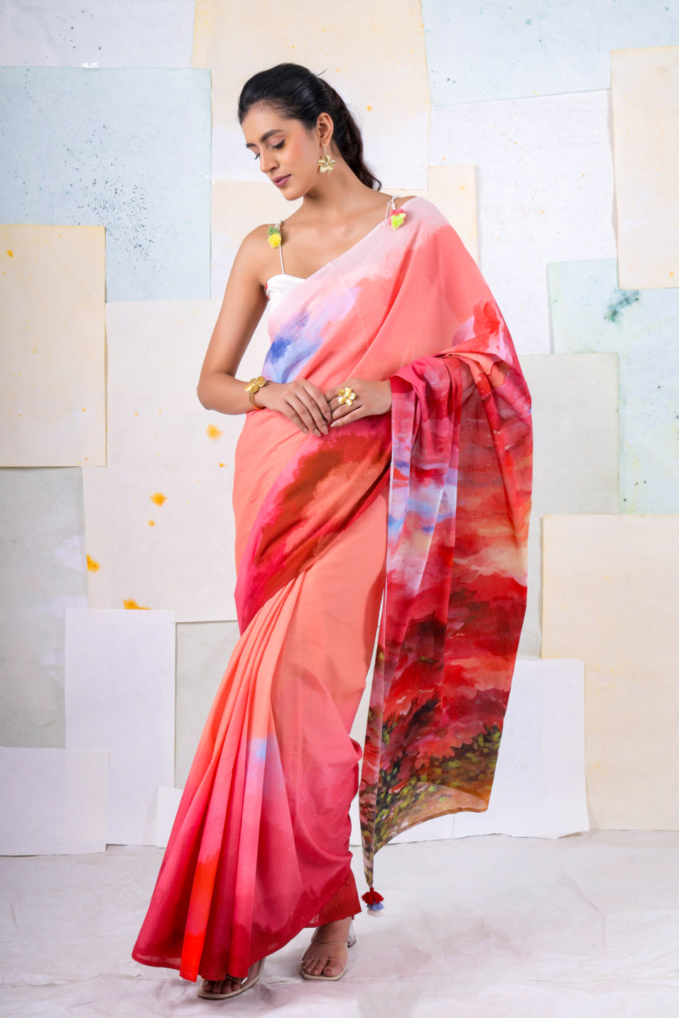 Salmon cloudscape saree