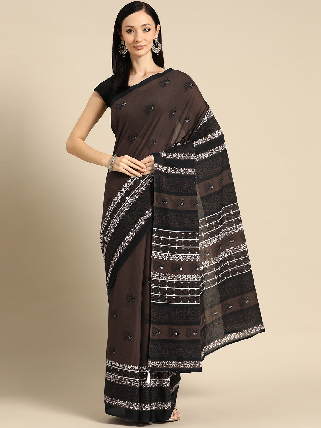 Buta Buti Brown Colour Abstract Printed Pure Cotton Saree With Unstitched Blouse And Lace