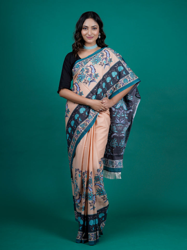 Buta Buti Beige Color Floral Printed Pure Cotton Saree With Unstitched Blouse And lace