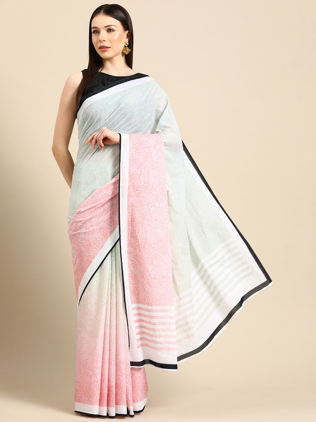 Buta Buti Multi Colour Floral  Printed Pure Cotton Saree With Unstitched Blouse
