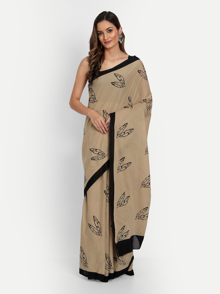 Buta Buti Beige & Black Printed Pure Cotton Saree