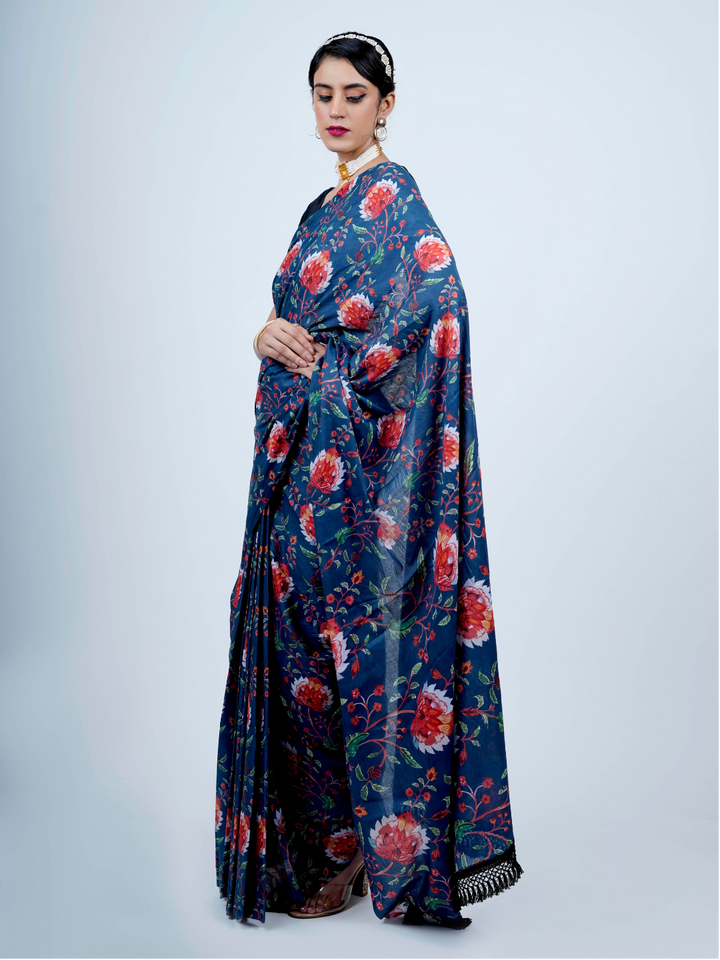 Buta Buti Floral Printed Cotton Tasseled Saree