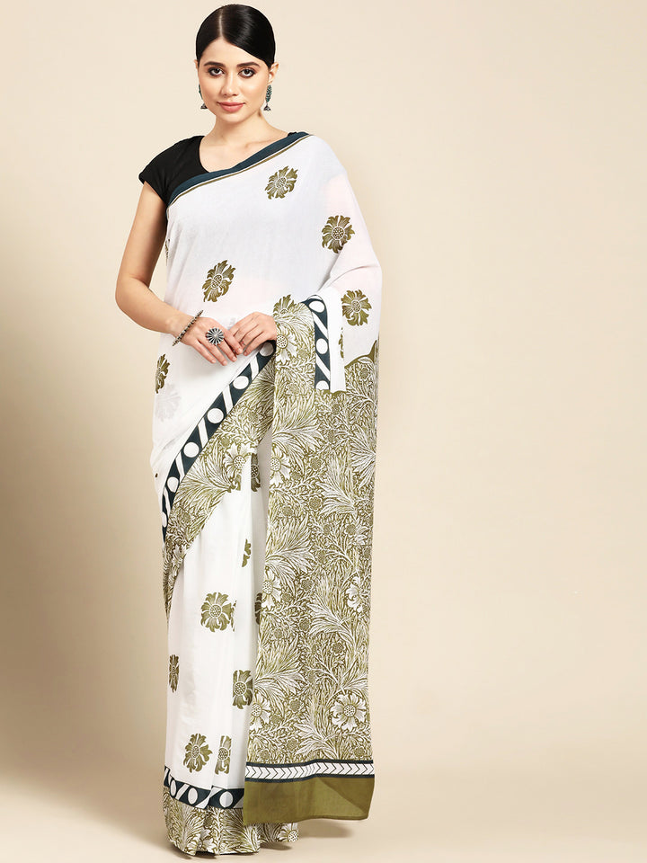 Buta Buti White Colour Floral  Printed Pure Cotton Saree With Unstitched Blouse