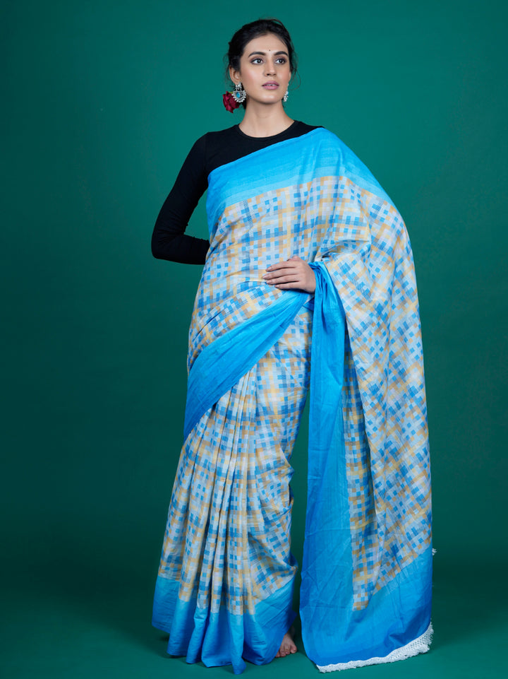 Buta Buti Checks Printed Cotton Tasseled Saree