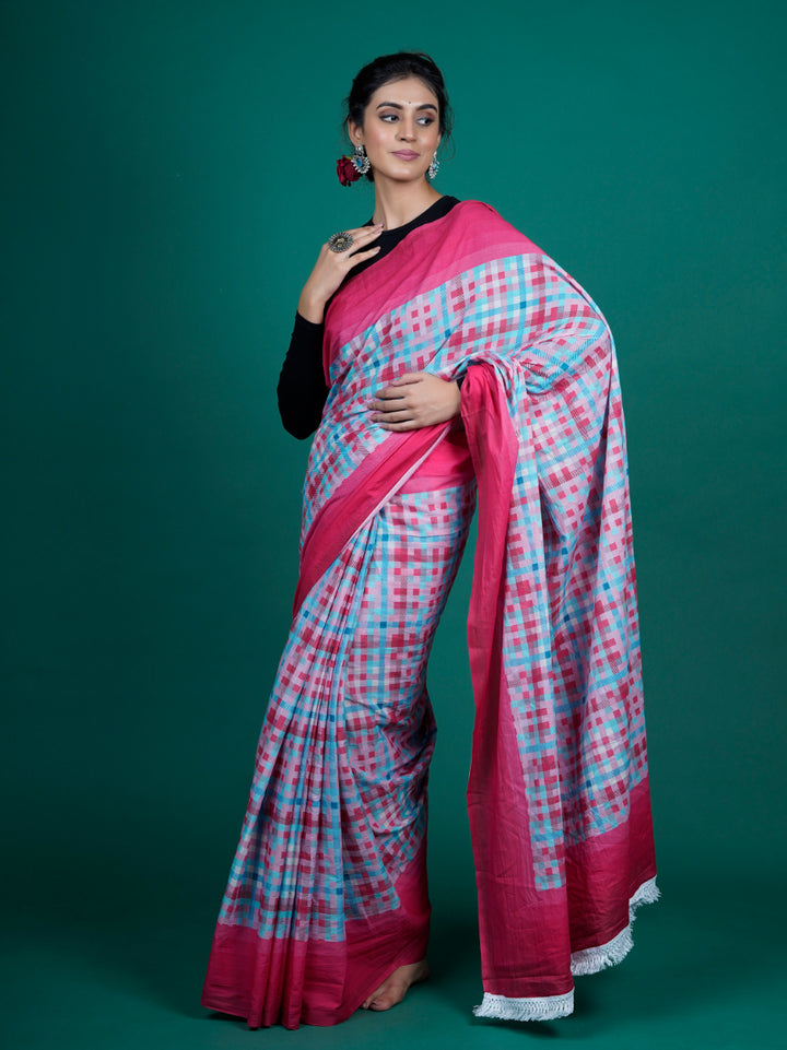 Buta Buti Checks Printed Cotton Tasseled Saree