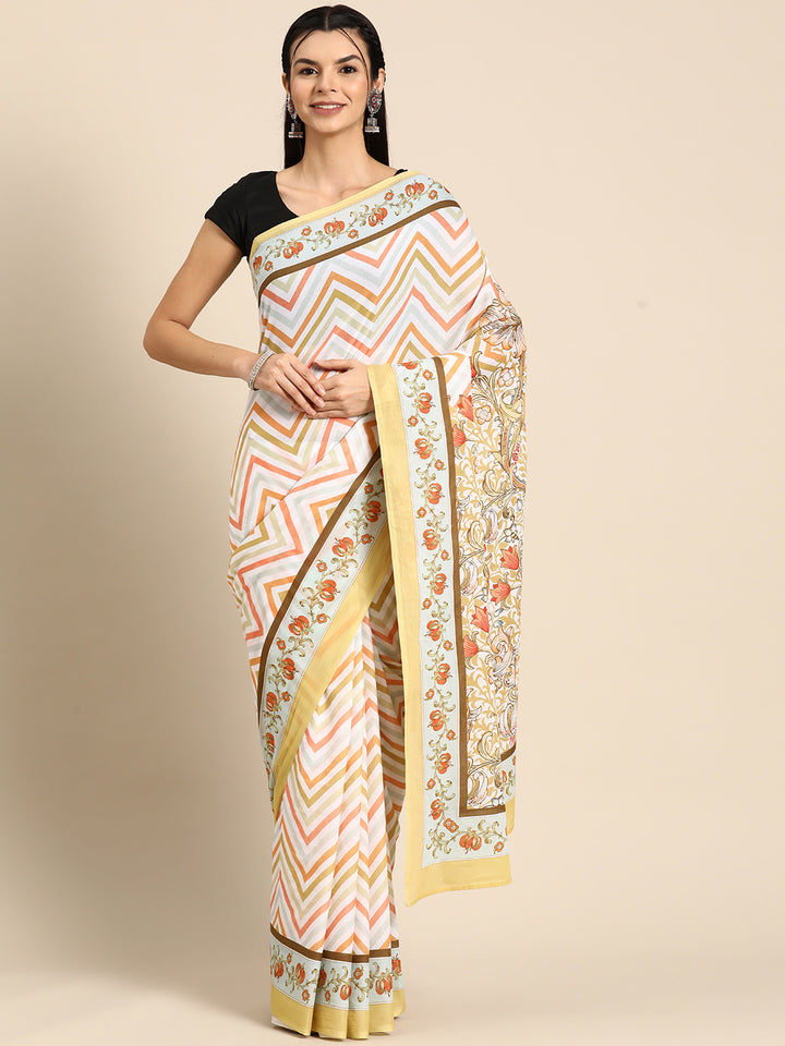 Buta Buti Multi Colour Geometric  Printed Pure Cotton Saree With Unstitched Blouse