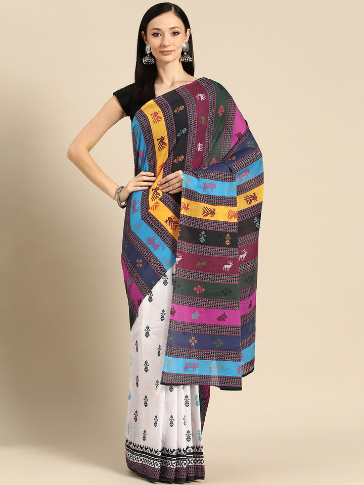 Buta Buti Multi Colour Abstract Printed Pure Cotton Saree With Unstitched Blouse And Lace