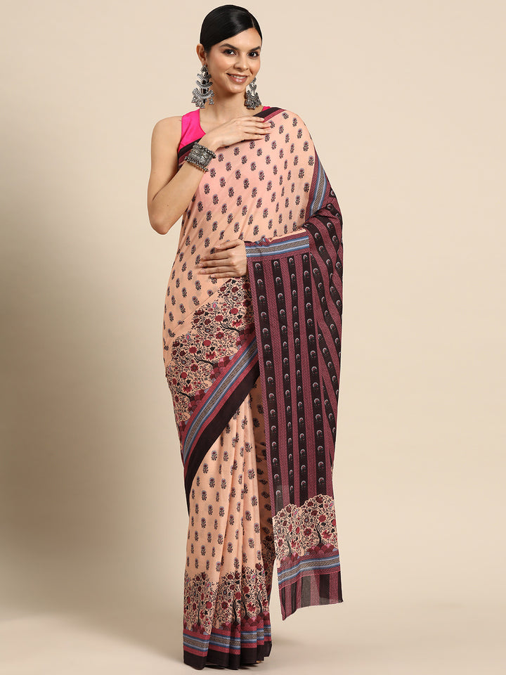 Buta Buti Peach Colour Floral Printed Pure cotton Saree With Unstitched Blouse