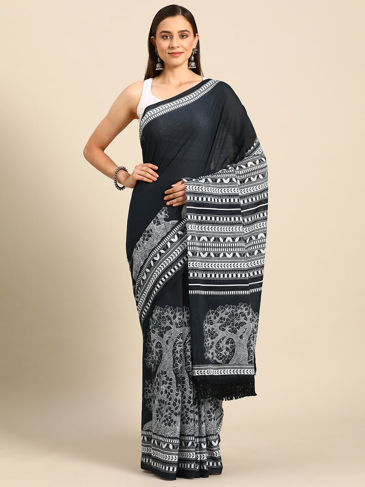 Buta Buti Black Colour Floral Printed Pure Cotton Saree With Unstitched Blouse And Lace
