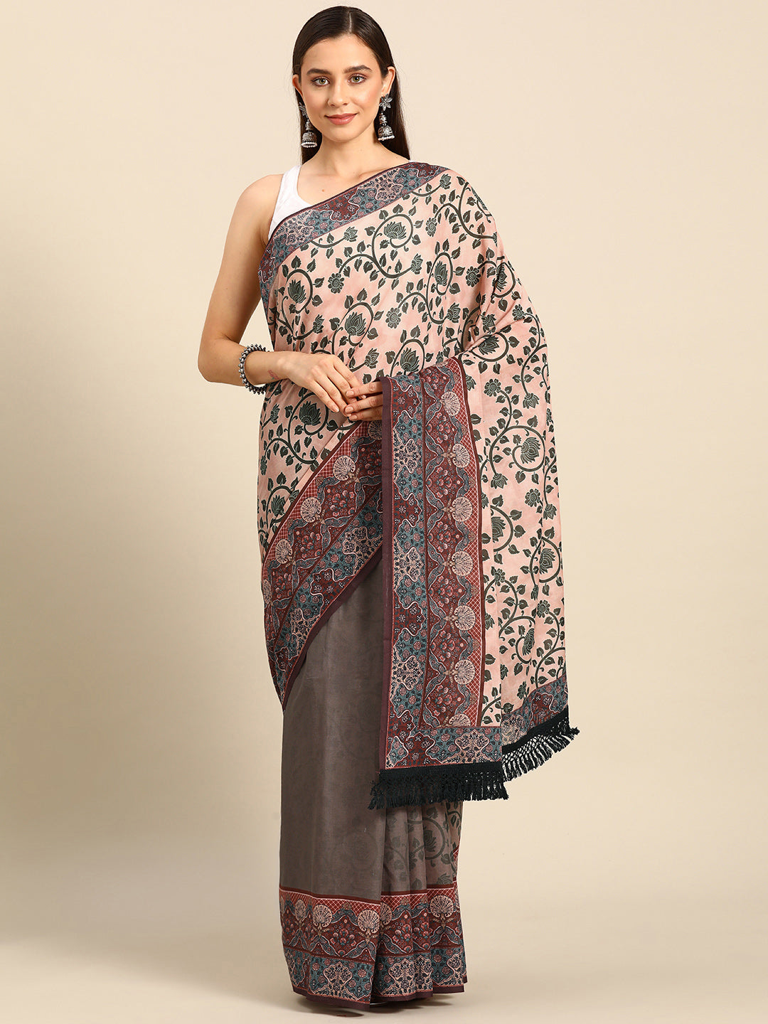 Buta Buti Peach Colour Floral Printed Pure Cotton Saree With Unstitched Blouse And Lace