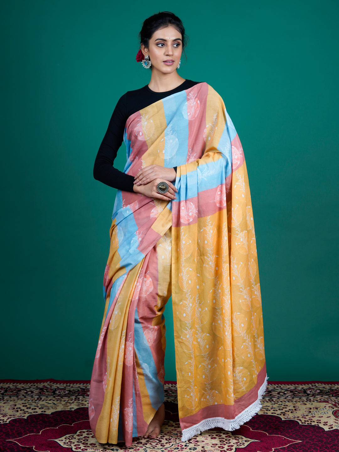 Buta Buti Multi Color Floral Printed Pure Cotton Saree With Unstitched Blouse And lace