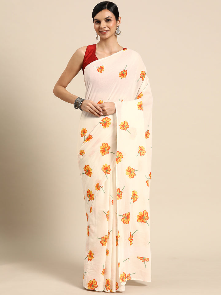 Buta Buti Cream Colour Floral Printed Pure cotton Saree With Unstitched Blouse