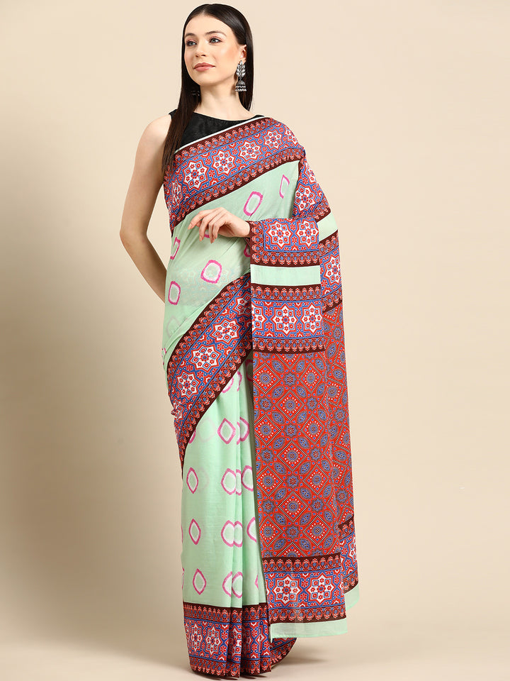 Buta Buti Green Colour Bandhani  Printed Pure Cotton Saree With Unstitched Blouse