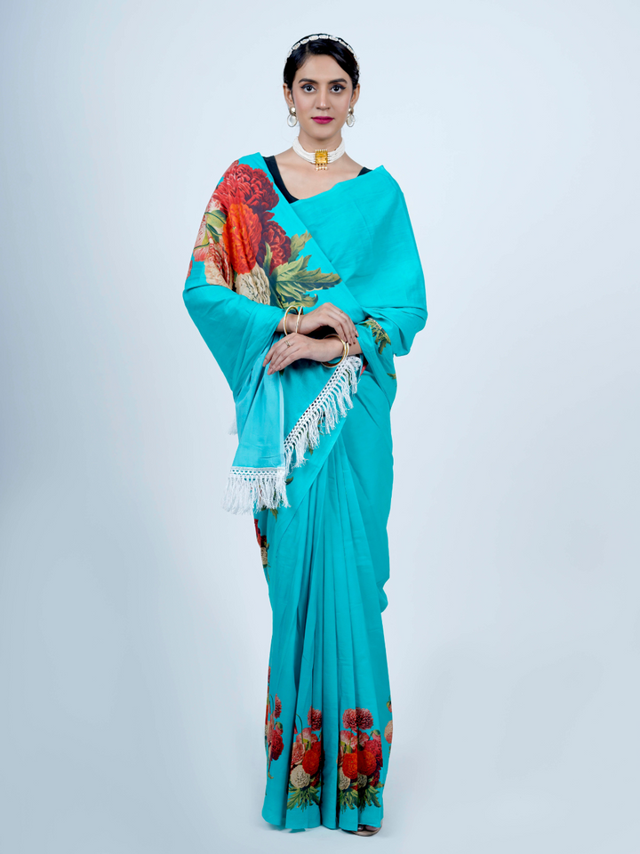 Buta Buti Floral Printed Cotton Tasseled Saree