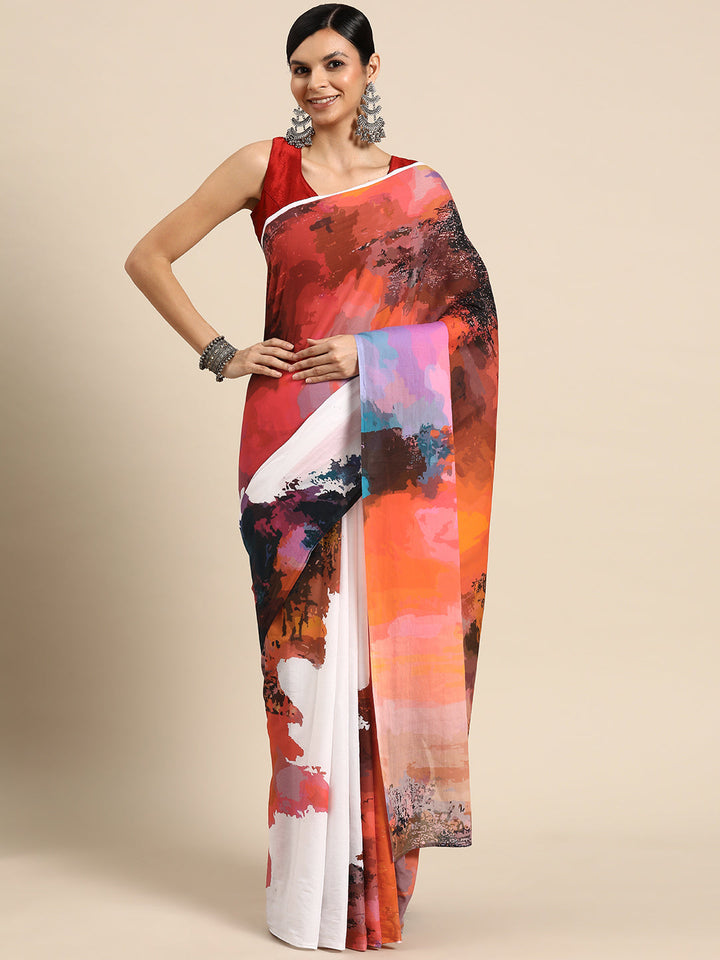 Buta Buti Red Colour Abstract Printed Pure cotton Saree With Unstitched Blouse
