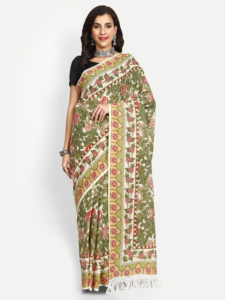 Buta Buti Floral Printed Pure Cotton Tasseled Saree