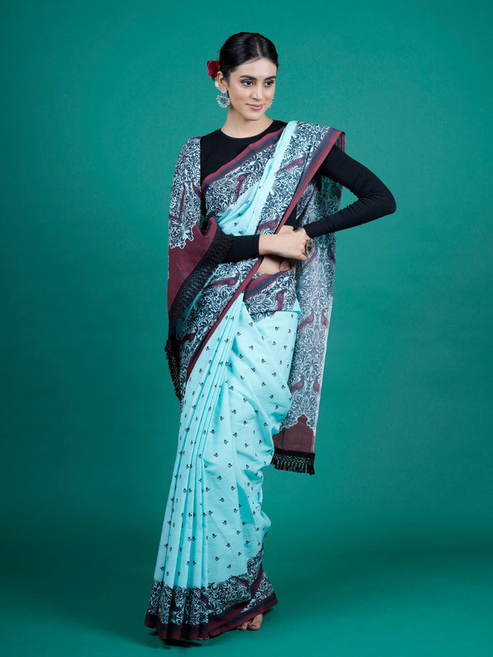 Buta Buti Blue Color Floral Printed Pure Cotton Saree With Unstitched Blouse And lace