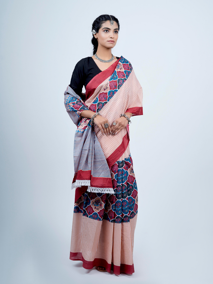 Buta Buti Chintz Floral Printed Cotton Tasseled Saree