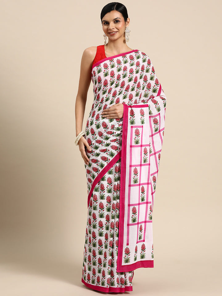 Buta Buti Pink Colour Floral Printed Pure cotton Saree With Unstitched Blouse