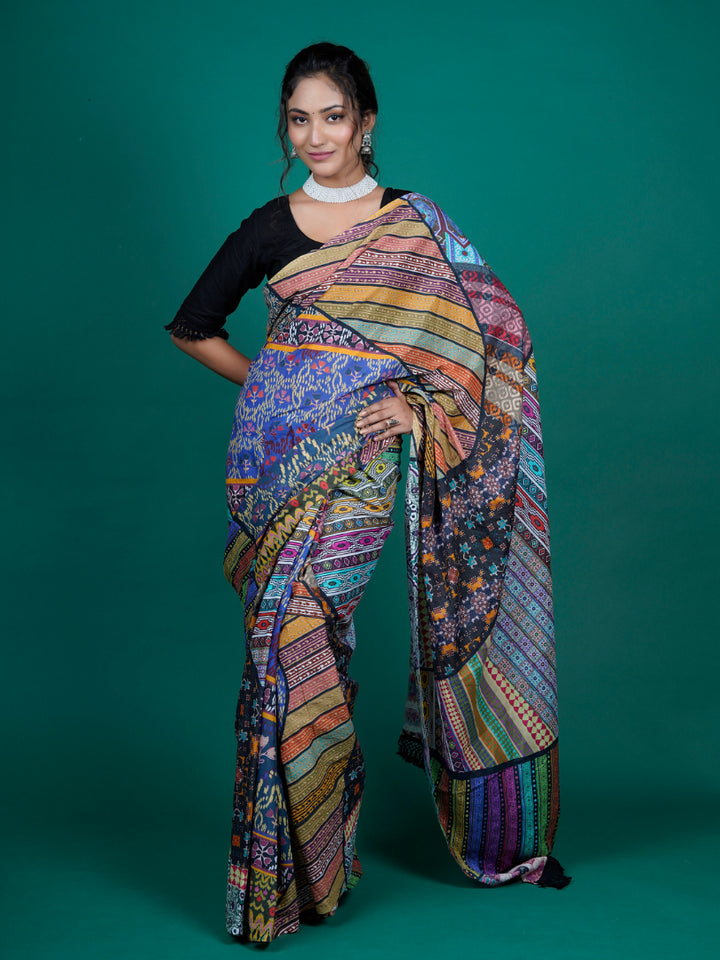 Buta Buti Patch Work Printed Cotton Tasseled Saree