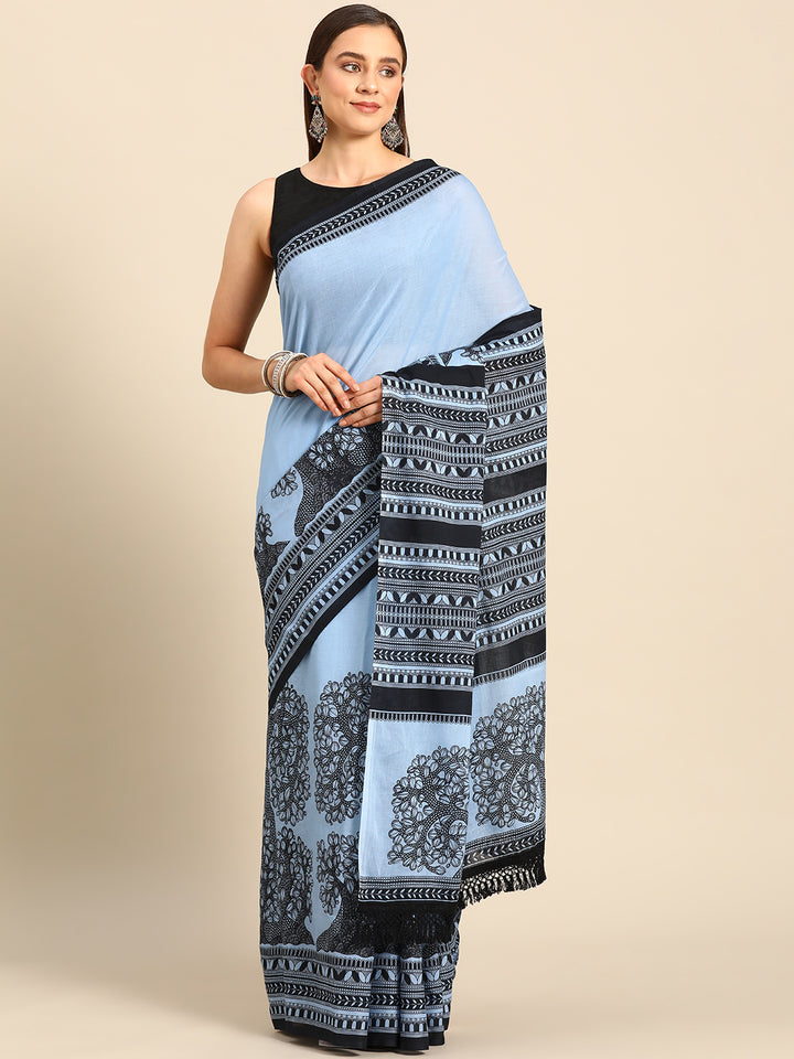 Buta Buti Blue Colour Floral Printed Pure Cotton Saree With Unstitched Blouse And Lace