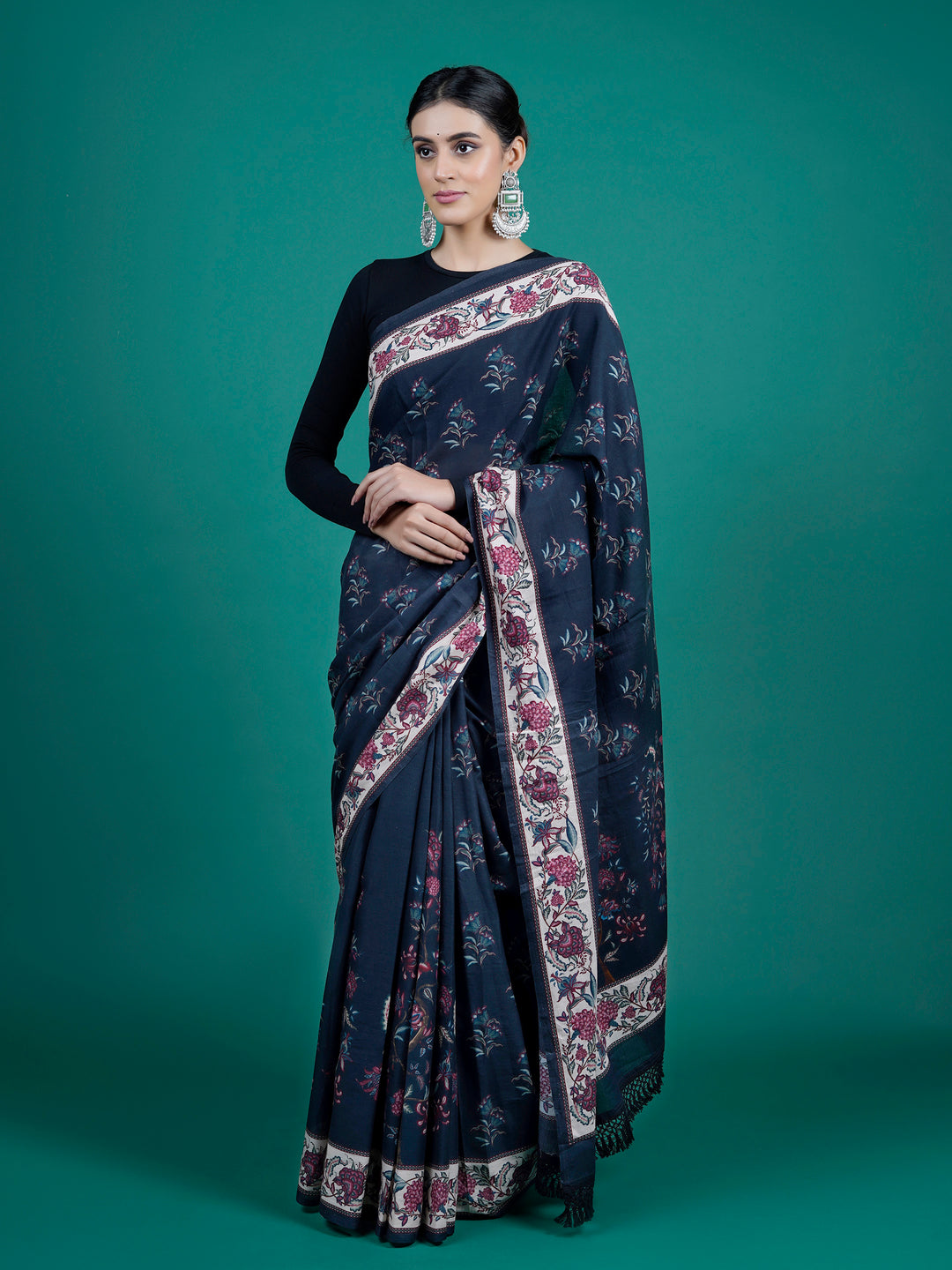 Buta Buti Blue Color Floral Printed Pure Cotton Saree With Unstitched Blouse And lace