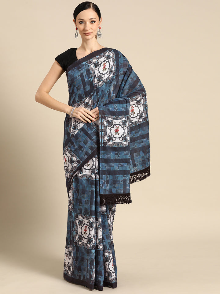 Buta Buti Blue Colour Floral Printed Pure Cotton Saree With Unstitched Blouse And Lace