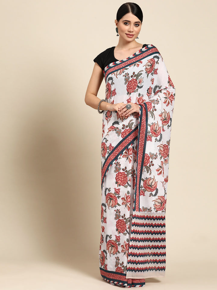 Buta Buti White Colour Floral  Printed Pure Cotton Saree With Unstitched Blouse