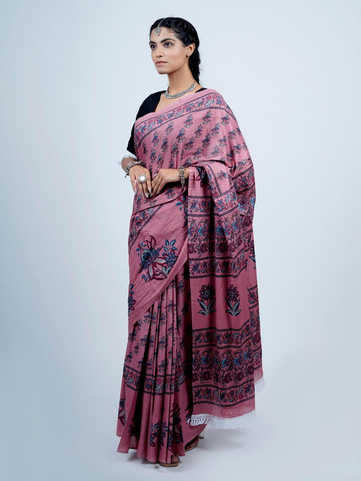 Buta Buti Chintz Floral Printed Cotton Tasseled Saree