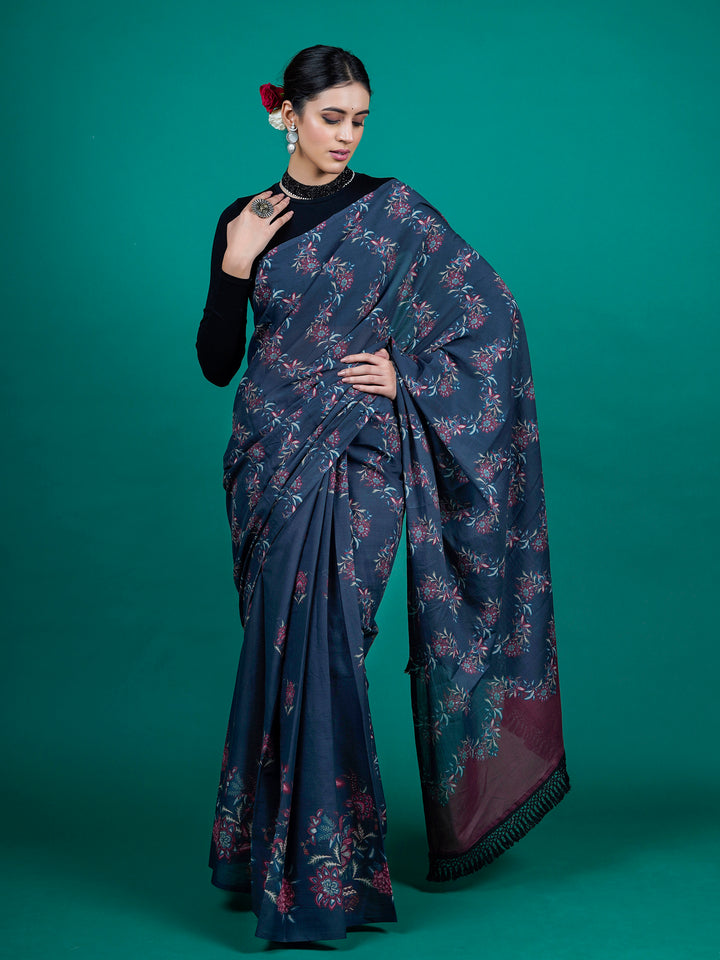 Buta Buti Blue Color Floral Printed Pure Cotton Saree With Unstitched Blouse And lace