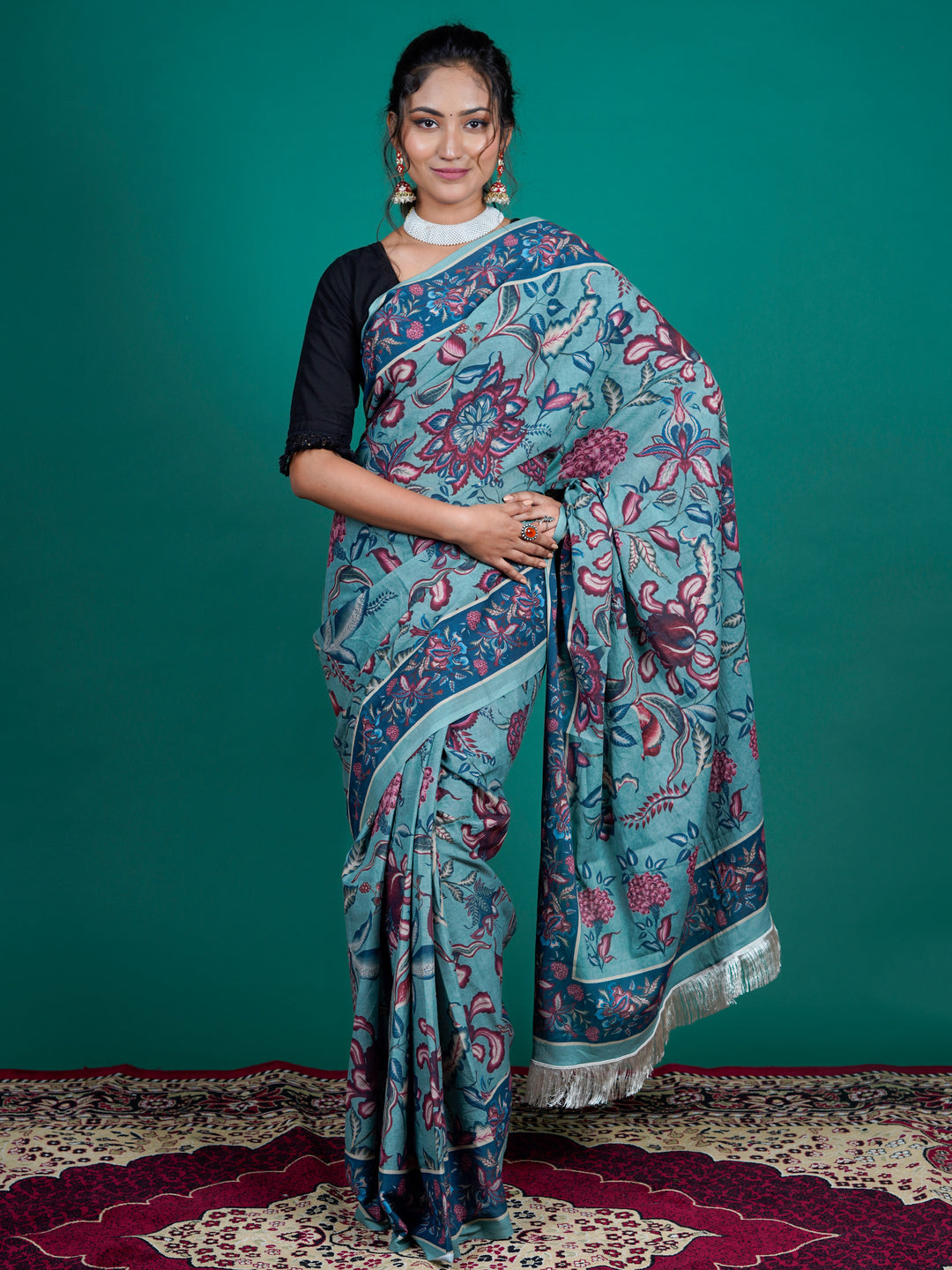 Buta Buti Multi Color Floral Printed Pure Cotton Saree With Unstitched Blouse And lace