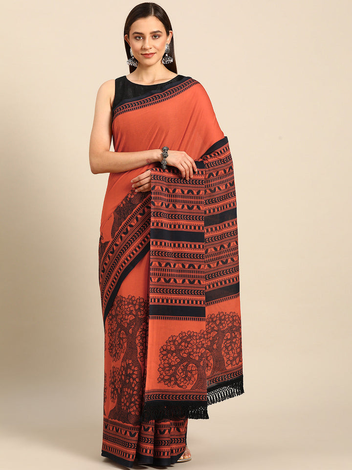 Buta Buti Orange Colour Floral Printed Pure Cotton Saree With Unstitched Blouse And Lace