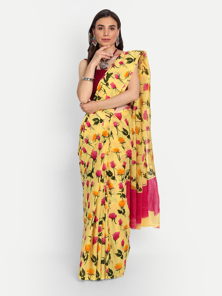 Buta Buti Yellow & Pink Floral Pure Cotton Saree