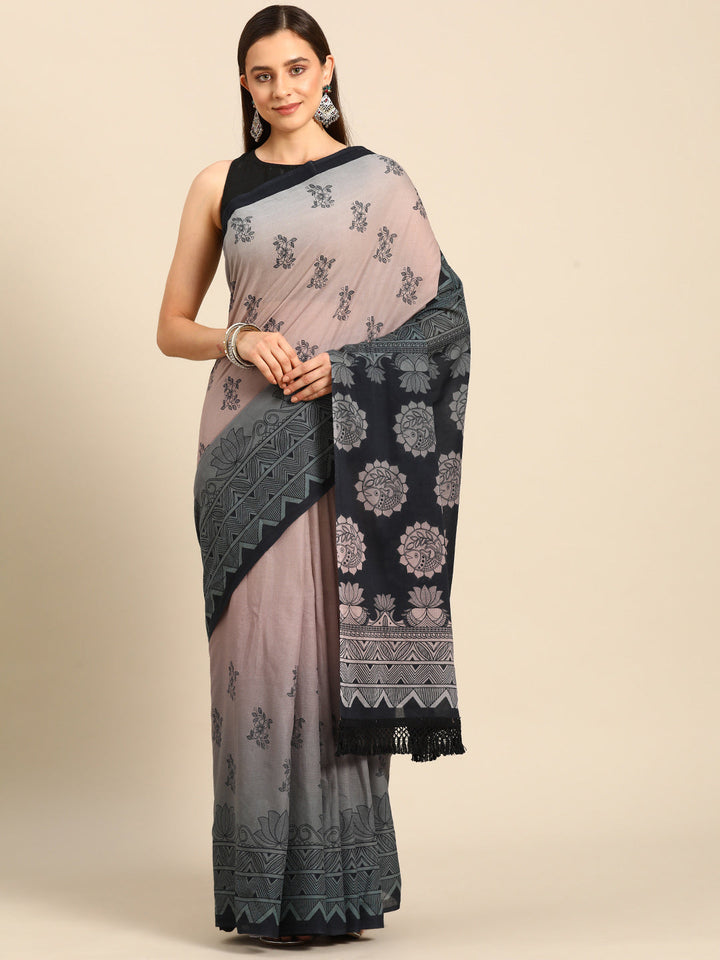Buta Buti Multi Colour Floral Printed Pure Cotton Saree With Unstitched Blouse And Lace
