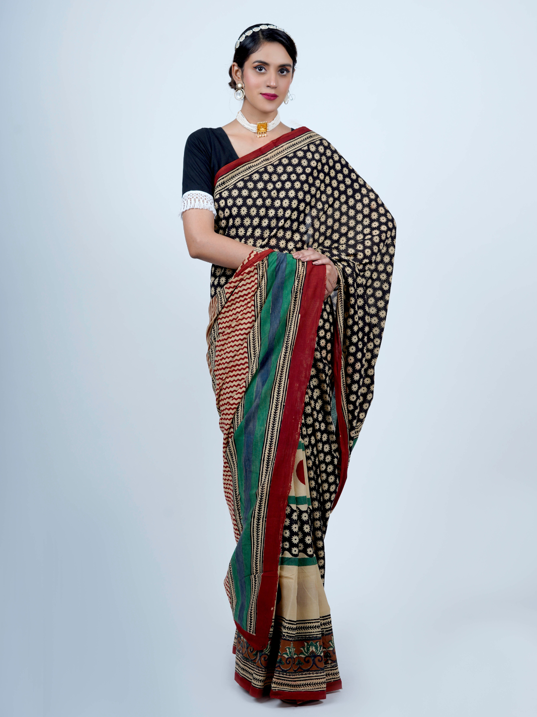 Buta Buti Geometrical Hand Block Printed Cotton Saree