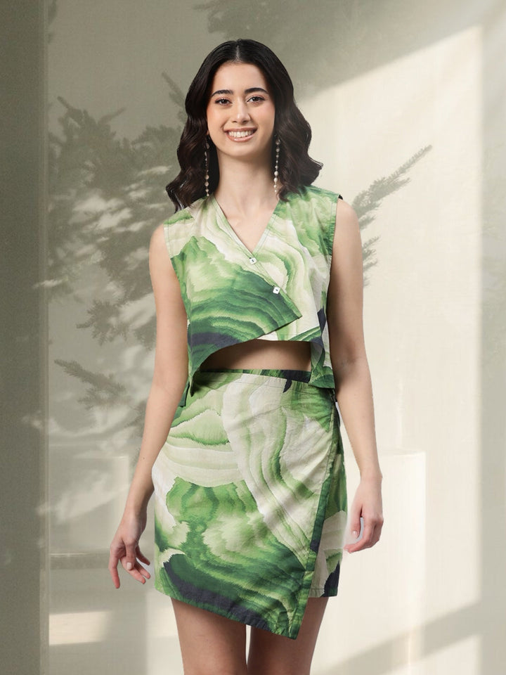 Green Psychedelic Printed Mini Skirt Coordset