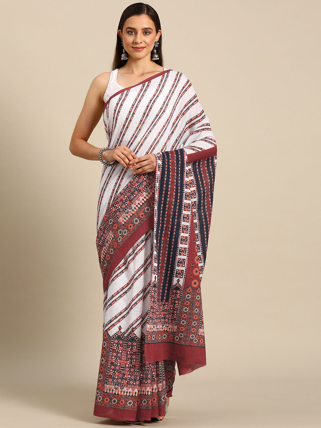 Buta Buti Maroon Colour Abstract Printed Pure Cotton Saree With Unstitched Blouse And Lace