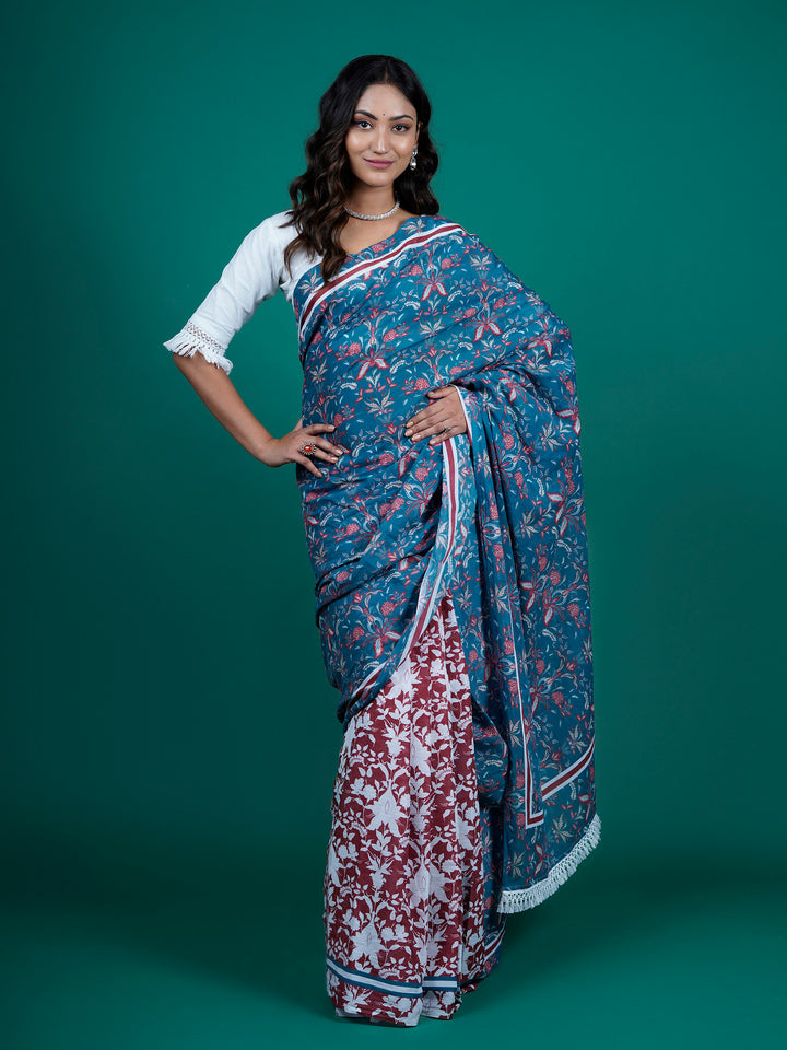 Buta Buti Multi Color Floral Printed Pure Cotton Saree With Unstitched Blouse And lace