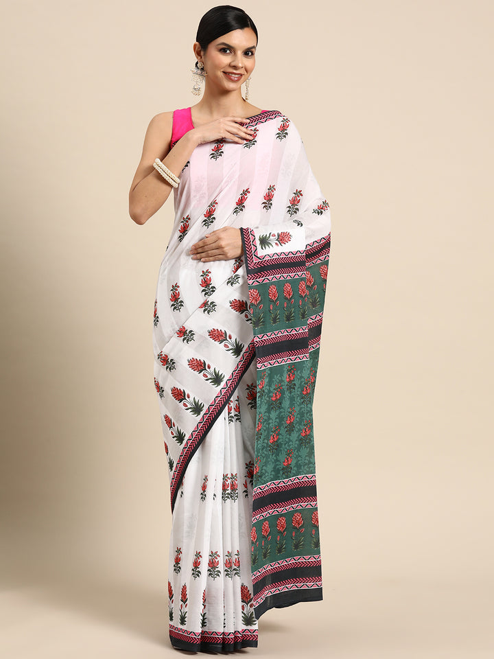 Buta Buti White Colour Floral Printed Pure cotton Saree With Unstitched Blouse