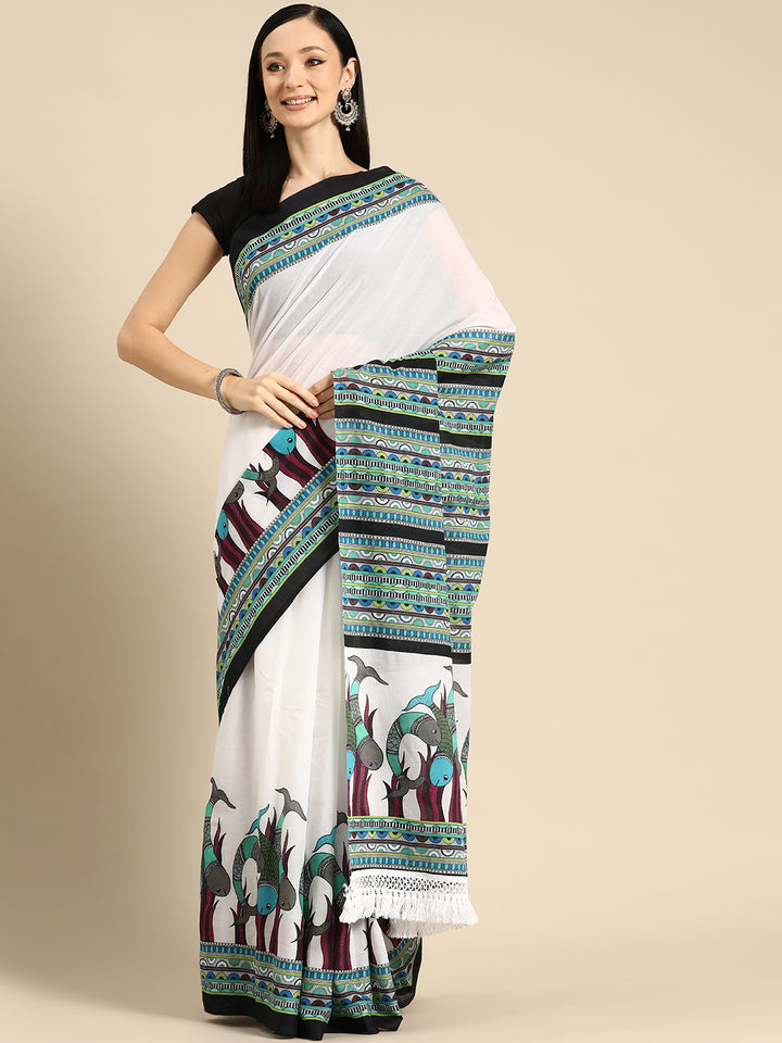 Buta Buti Multi Colour Abstract Printed Pure Cotton Saree With Unstitched Blouse And Lace