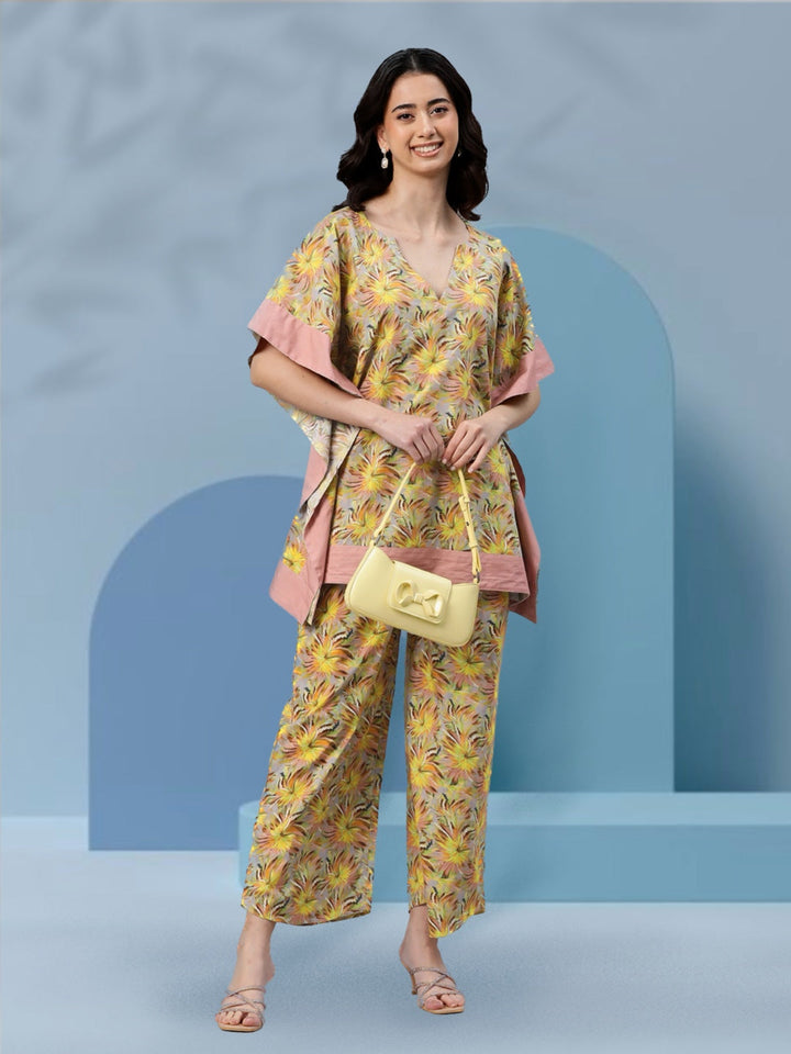 Abstract Hebiscus Floral Printed Kaftan Coordset