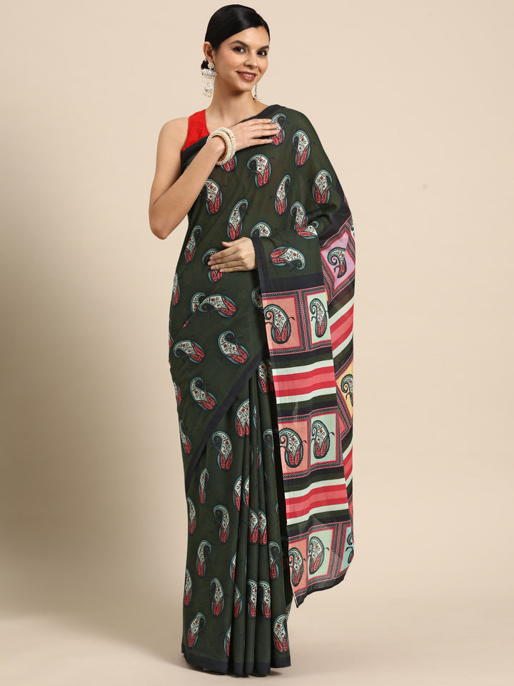 Buta Buti Green Colour Floral Printed Pure cotton Saree With Unstitched Blouse