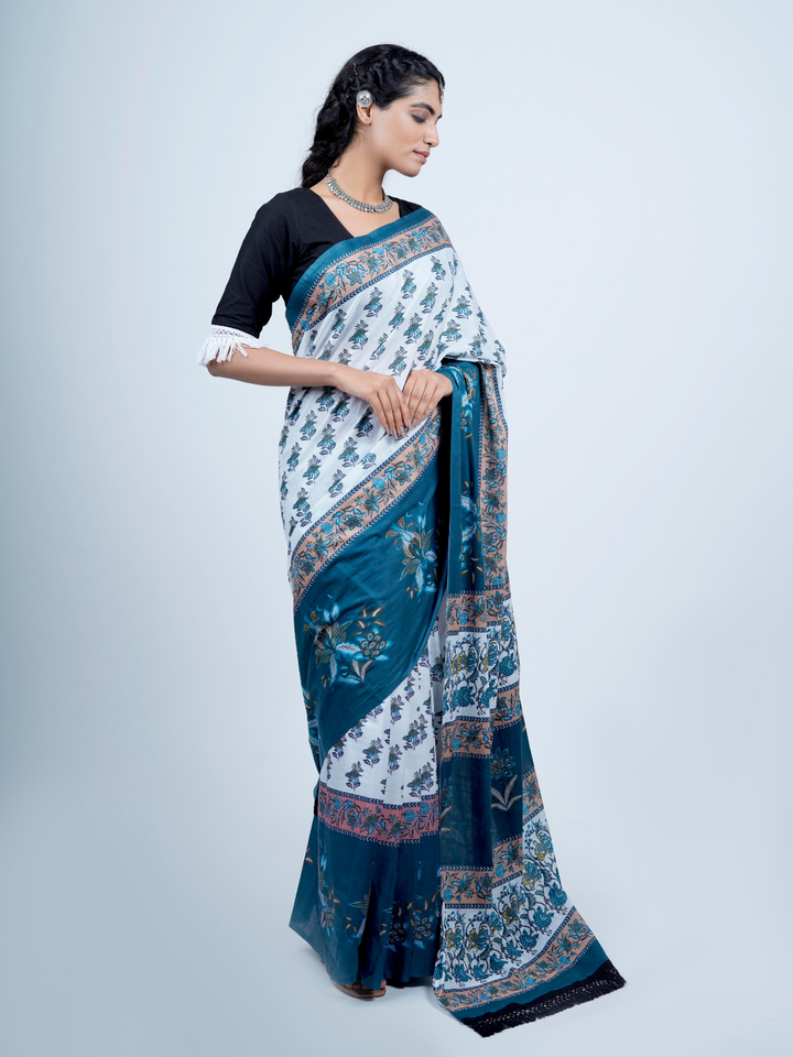 Buta Buti Chintz Floral Printed Cotton Tasseled Saree