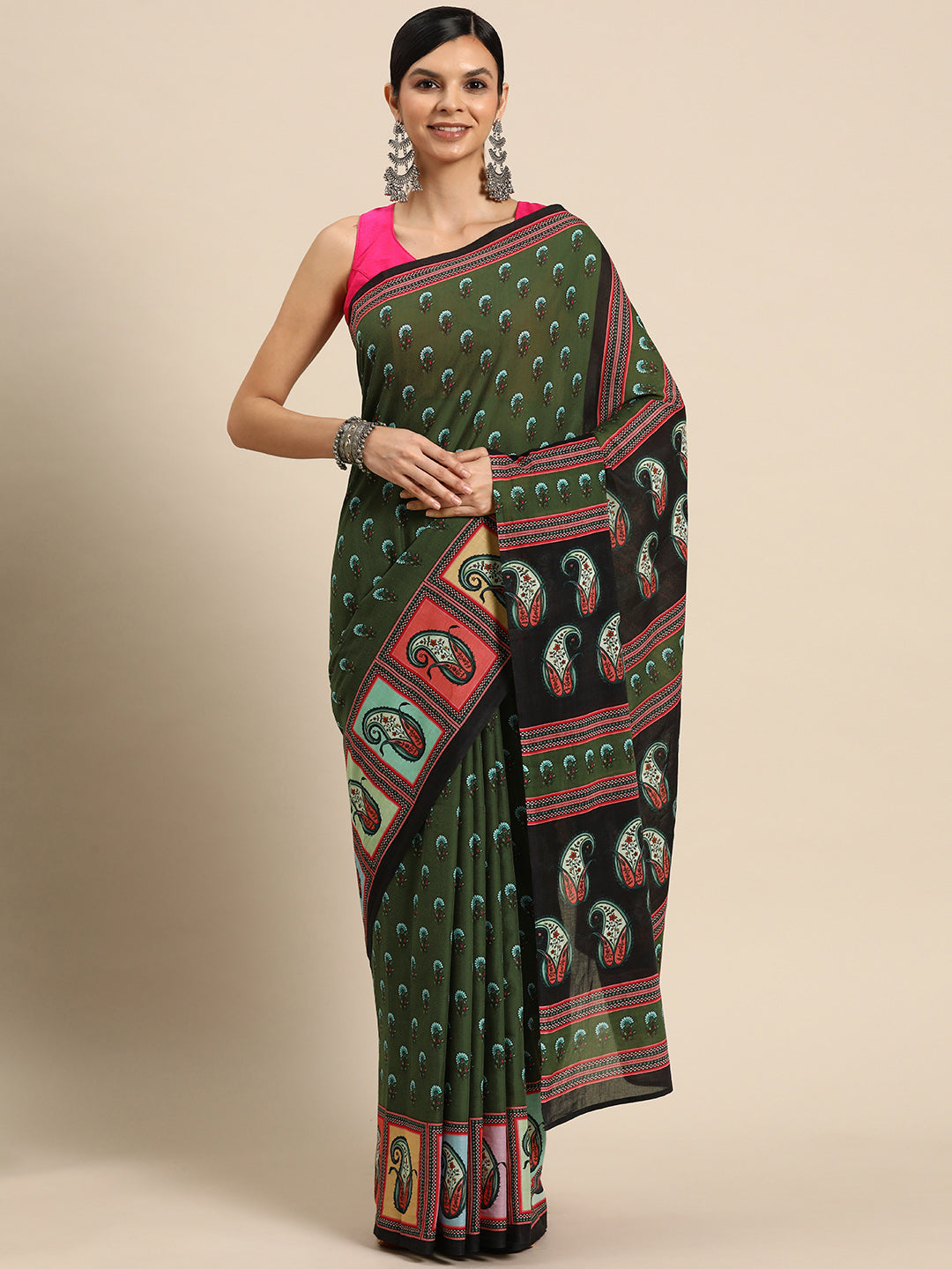 Buta Buti Green Colour Floral Printed Pure cotton Saree With Unstitched Blouse